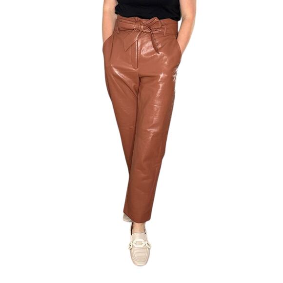 WILFRED Aritzia Cognac Brown Faux Leather Vegan Paperbag Pants Women's Size 8 - Picture 1 of 16
